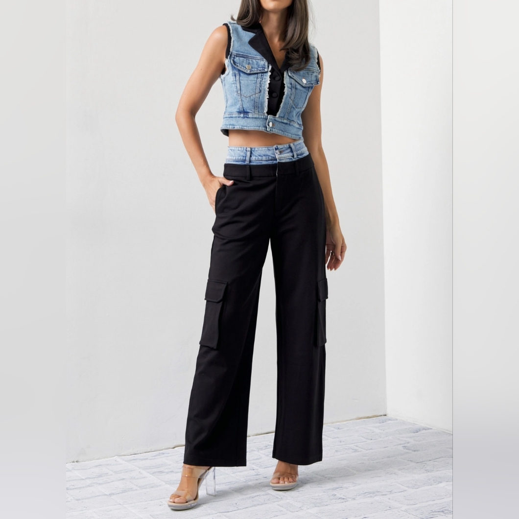 #514521 Sale S,L High End Mixed Fabric Denim Vest And Cargo Pants Set
